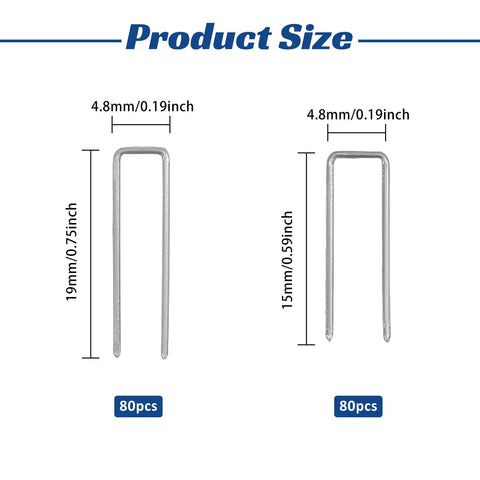 Size comparison of 160 Piece Heavy Duty Plantation Shutter Repair Staples Kit showing two U-pins in stainless steel.