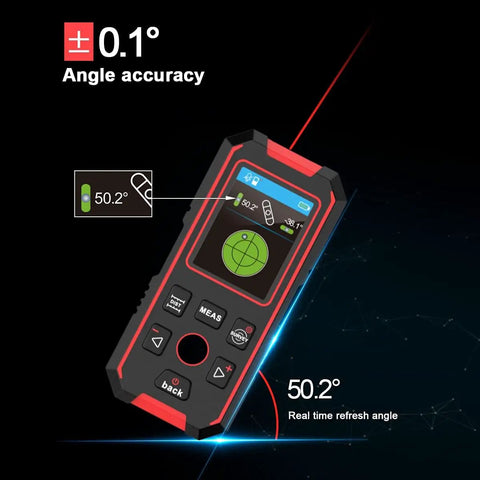 Heavy Duty Stud Finder Wall Scanner With 60 Ft Laser Measure Built In Digital Spirit Level showing angle accuracy display.