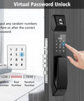 Keyless Entry Smart Door Lock With Auto Deadbolt And Built In Doorbell Delivering Slick Fingerprint Access Heavy Duty Zinc Alloy Construction Rechargeable Battery For Hassle Free Home Security Matte Black Finish with virtual password unlock feature.