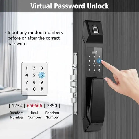 Slick Fully Automatic Smart Digital Door Lock Featuring Semiconductor Fingerprint Reader And Electronic Keypad Code Entry With Rfid Card Unlocks Built In Doorbell And Rechargeable Battery For Hassle Free Daily Security, keypad interface with hand entering code.