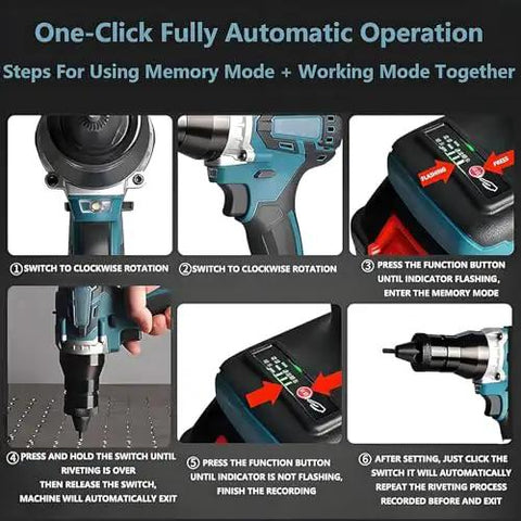 Heavy Duty Cordless Electric Rivet Gun With Slick Forward Reverse Shifting For M3 To M12 Blind Rivets and Hex Nuts In Stainless Steel or Aluminum Includes Rock Solid 5200 Mah Battery For Any Quick Fix Job, features steps for automatic operation.