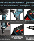 Heavy Duty Cordless Electric Rivet Gun With 5.2Ah Battery And Automatic Riveting Tool showing one-click automatic operation steps.