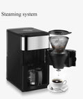 Fully Automatic Bean To Cup Coffee Machine With Built In Grinder showing steaming system and brewed coffee in cup.
