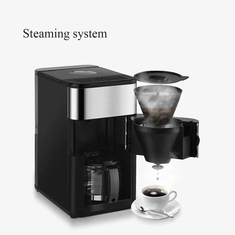 Fully Automatic Bean To Cup Coffee Machine With Built In Grinder showing steaming system and brewed coffee in cup.