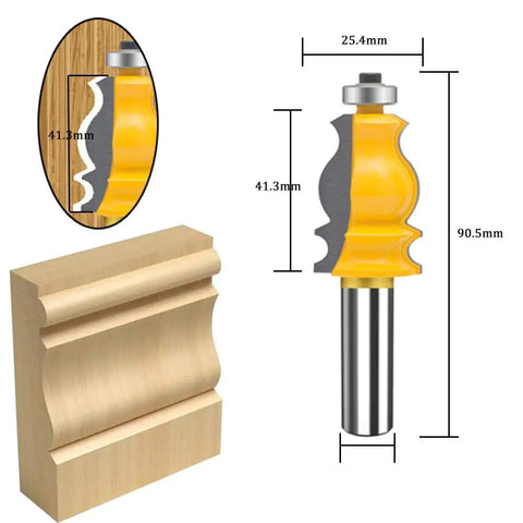 Half Inch Shank Router Bit Set Ten Pieces For Picture Frame Molding And Architectural Forming Woodworking CNC Cutting Bits Carbide Miter Tool Top Notch For Doors Cabinets Drawers, with carbide bit design, detailed dimensions showing height and width.