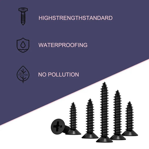 Heavy Hitter 1200 Piece Black Phillips Flat Head Self Tapping Screw Set M2 M2.6 M3 showing various black screws and icons for features.
