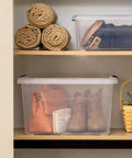 32 Quart Clear Plastic Storage Bins With Easy Snap Lids stackable bins holding shoes and bags on shelves for home organization.