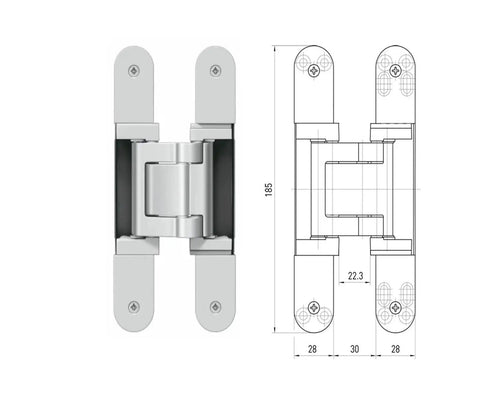 Heavy Duty 3D Concealed Cabinet Hinge In Brushed Silver Steel Featuring Butter Smooth Gliding Action And No Fuss Installation For Serious Woodworking And Home Reno Projects, showing design and dimensions.