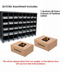 Massive 3,610 Piece Stainless Steel 18-8 Hardware Assortment Kit With Hex Cap Screws, Hex Nuts, Lock Nuts, And Washers In A Durham 40 Hole Metal Bin For DIY Projects And Heavy Duty Home Repairs image showing Durham 40-hole bin with fasteners boxes