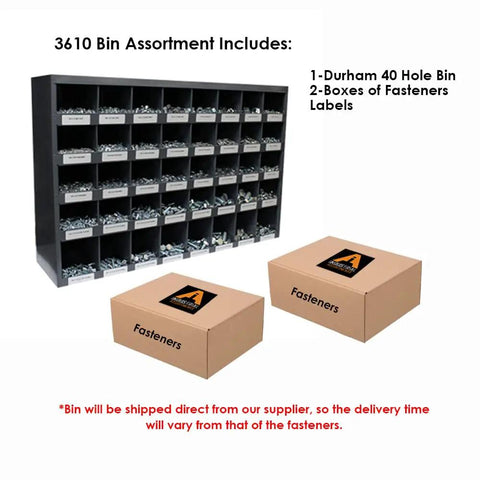 3,610 Piece Grade 5 Coarse Hardware Assortment Kit With Hex Cap Screws, Hex Nuts, And Washers In A Durham 40 Hole Metal Bin