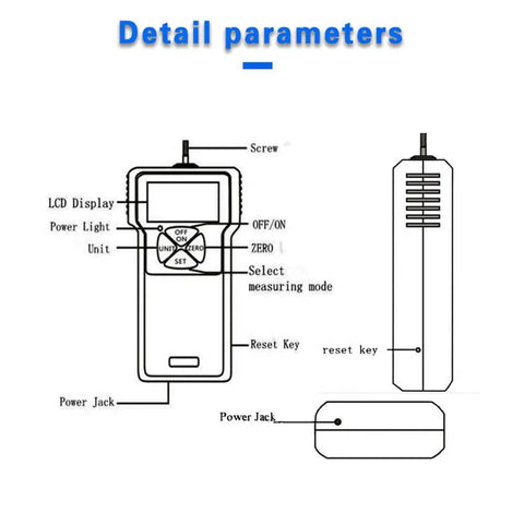 Portable Digital Force Gauge With Slick LCD Panel No Fuss Operation Plug And Play Push Pull Tester For Tension Measurements detail view with labels.