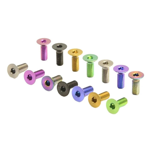 Pro Level M3 Gr5 Titanium Alloy Flat Countersunk Hex Socket Set Screws Coated In Durable Rainbow Finish displayed in various colors.