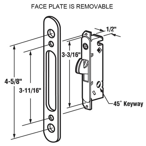 Technical diagram of Replacement Patio Sliding Door Handle Set With Mortise Lock And Key Cylinder Keeper Fits Door Thickness from 1.5 to 1.75 inches