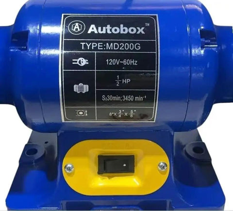 Top Shelf Eight Inch Bench Grinder With A Hella Reliable One Half Horsepower Motor Cranking At 3450 Rpm Featuring Fine And Coarse Polishing Wheels Led Shop Light And Smooth Tool Sharpening Every Day close-up of the motor showing specifications and switch.