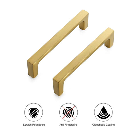 Two brushed brass cabinet handles from 30 Pack Solid 3-3/4 Inch Square Kitchen Cabinet Handles Brushed Brass Drawer Pulls with anti-fingerprint