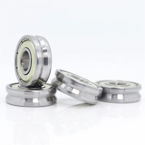 Top Notch Sealed V Groove Ball Bearings 4 Pack 8 X 22 X 7 mm Hardened Steel Pulley Wheel Rollers stacked for display.