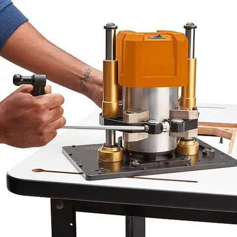 Heavy Duty 3.25 HP Soft Start Router Motor mounted on router table with adjustable depth for woodworking projects.