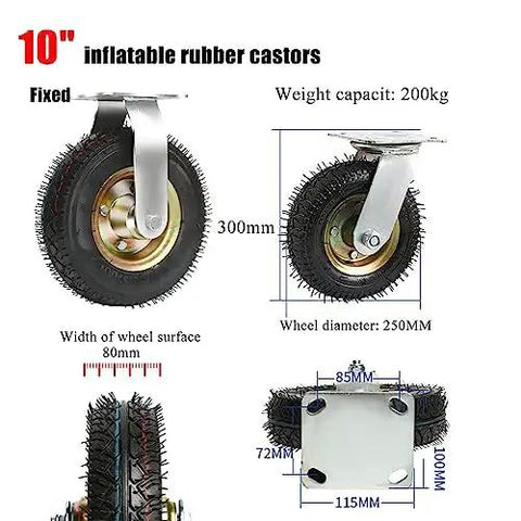 Pair Of Heavy Duty Industrial Caster Wheels Featuring Tough As Nails Pneumatic Tires For Dead Smooth Rollin Mobile Tool Cart Replacement With Shock Absorbing Grip Screws - 10 inch inflatable rubber casters with 200kg capacity.
