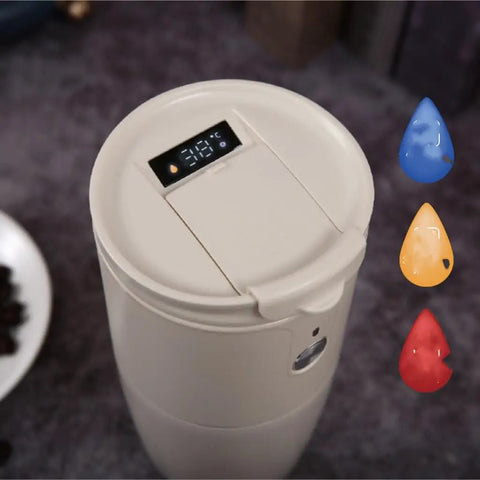 Top view of Portable Mini Coffee Maker With Built In Auto Bean Grinder showing temperature display, compact size for travel.