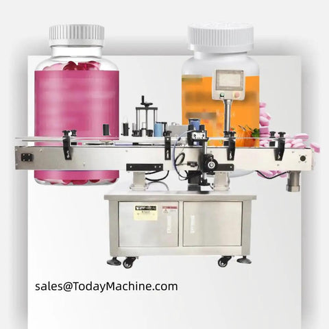 Automatic Round Bottle Sticker Labeling Machine Commercial Grade High Speed Precision with pink and orange labeled bottles.
