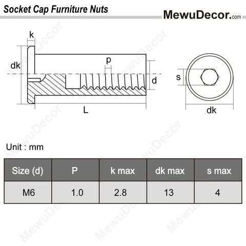 M6 X 35mm Socket Cap Bolts With Barrel Nuts For Furniture Assembly Are Total Badasses Featuring Stainless Steel 304 technical diagram showing dimensions.