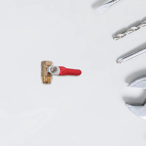 Six Pack Top Shelf Copper Mini Ball Valve With Male Female NPT Threads on white background, ideal for garden hose hookups.