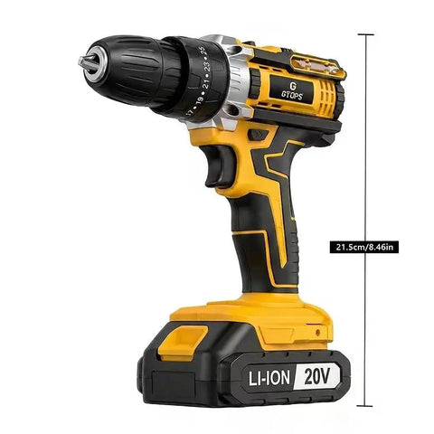 20V Cordless Drill And Screwdriver Combo Kit With Battery Charger side view showing 21.5cm height, heavy-duty design for wood metal plastic.