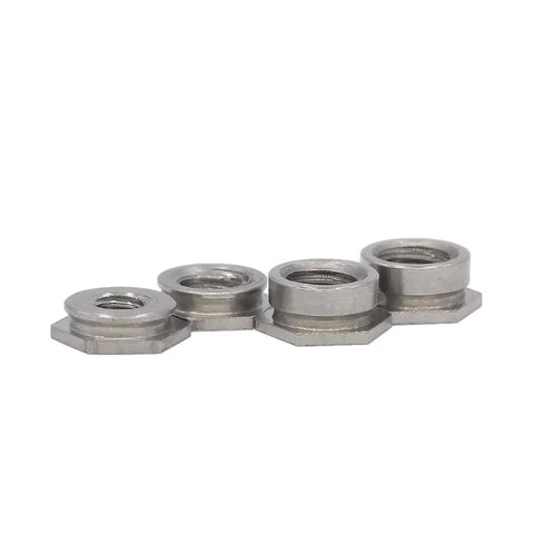Close-up of 20 Pc 304 Stainless Steel Self Clinching Flush Nuts Assorted Metric Kit M2 M3 M4 M5 Thread showing hexagonal shape.