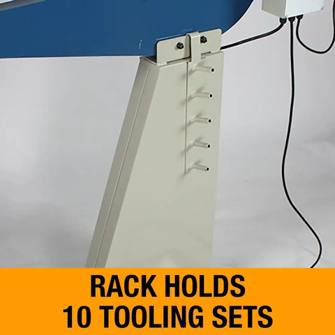 Rack for 36 Inch Metal Bead Roller For 16 Gauge Mild Steel With Pro Grade Performance holding 10 tooling sets, part of motorized machine