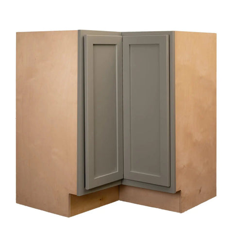 Zero Drama Setup Shaker Base Kitchen Cabinet With Lazy Susan Half Inch Plywood Construction Smooth Glide Soft Close Hinges Magnetic Gray Finish 18 X 30 X 34.5 Inches Made In America view of corner cabinet with gray doors and plywood frame