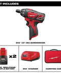 Compact Cordless Driver Drill Kit Featuring Variable Speed Trigger And Quick Change Chuck, Delivers A Rock Solid 175 Inch Pounds Of Torque At Just Two Pounds, Built As A Daily Grind Workhorse For Toughest Job Sites with M12 Hex screwdriver, battery, charger, and carrying case.