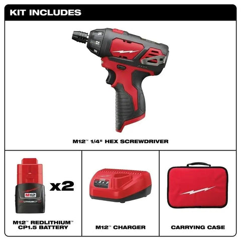 Compact Cordless Driver Drill Kit Featuring Variable Speed Trigger And Quick Change Chuck, Delivers A Rock Solid 175 Inch Pounds Of Torque At Just Two Pounds, Built As A Daily Grind Workhorse For Toughest Job Sites with M12 Hex screwdriver, battery, charger, and carrying case.