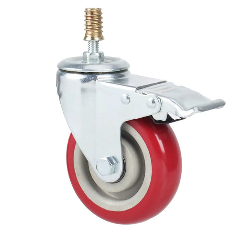 Hefty Heavy Duty Swivel Casters With Double Lock Brakes And Slick Red Polyurethane Wheels For Ultra Smooth Silent Roll close-up of red caster wheel with metal brake