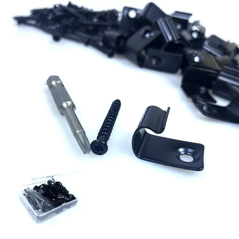 Top Tier Stainless Steel Hidden Deck Starter Clips 50 Pack With Star Drive Screws, showcasing clips, star drive, and screws for decking.