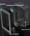 All Weather EV Charger Outdoor Enclosure Beefy Steel Wall Charging Station Box featuring tempered glass and sealed lid design.