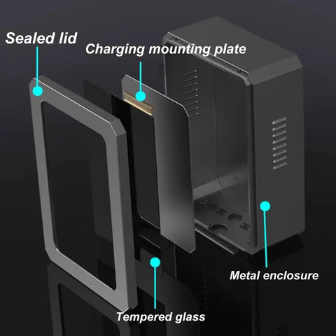 All Weather EV Charger Outdoor Enclosure Beefy Steel Wall Charging Station Box featuring tempered glass and sealed lid design.