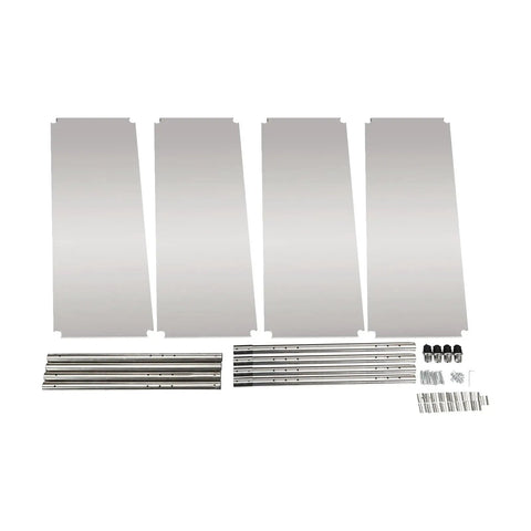 Knockout Four Tier Stainless Steel Shelving Rack With Adjustable Heights And Rock Solid 330 Pounds Heavy Duty Frame Built Tough For Garage Basement Or Kitchen Space Saving Storage Silver parts and accessories laid out.