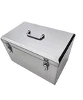 Industrial Grade Badass Rolling Tool Chest Stainless Steel Shop Rig For Garage Storage And Professional Mechanic Organization With Security Latches And Roller Wheels, top view showing secure latches and durable handle.