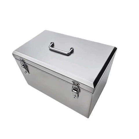 Industrial Grade Badass Rolling Tool Chest Stainless Steel Shop Rig For Garage Storage And Professional Mechanic Organization With Security Latches And Roller Wheels, top view showing secure latches and durable handle.