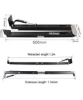 Black Folding Table Hinge And Concealed Cabinet Connector, heavy duty pivot bracket with measured dimensions for installation.