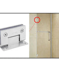 Heavy Duty 90 Degree Stainless Steel Glass Shower Door Hinges With Brushed Finish, showcasing a close-up of the hinge on glass.