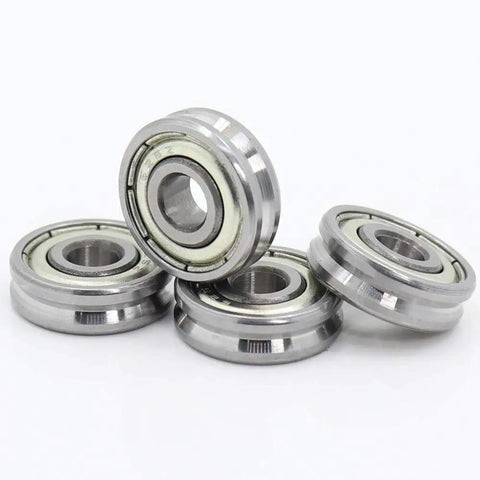 Premium Precision V Groove Sealed Ball Bearings For Pulley Wheels And Linear Guide Tracks 5X16X5 And 5X19X6 mm four pieces displayed at different angles.