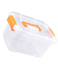 Truly Heavy Duty Clear Plastic Storage Bin With Snug Latching Lid Game Changer For Decluttering Every Room with orange latch 21 Liter Size.