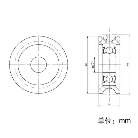 Technical drawing of a 44mm diameter 6201 bearing used in 10 Pack U Groove Plastic Coated 6201 Bearings for smooth rolling.