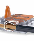 Close-up of Lever Nuts 221-413 Three Conductor Compact Wire Connectors with solid copper wire inside, orange lever raised.