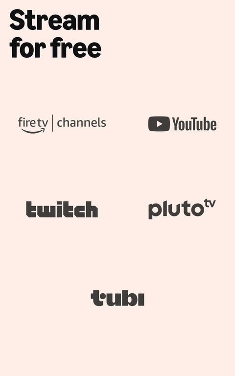 Stream for free graphic showing logos for Fire TV, YouTube, Twitch, Pluto TV, and Tubi, highlighting streaming options.