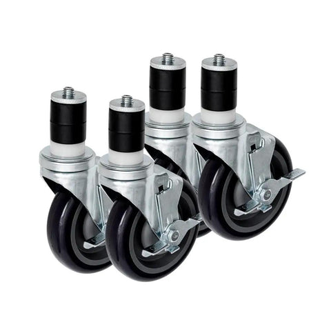 Four Pack Five Inch Heavy Duty Swivel Table Casters With Lock Brakes designed for commercial kitchens and bakery prep stations.