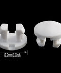 Top Shelf White Bottom Rail Cord Cover Buttons For Horizontal Blinds Repair, Pack Of Twelve Heavy Duty Tape Lock Plugs shown from front and side, 15.5mm size