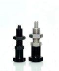 Rock Solid Index Plunger With Hex Collar And Locking Aluminum Spring Knob M16 Lock Pin, black and silver metal design, side view.