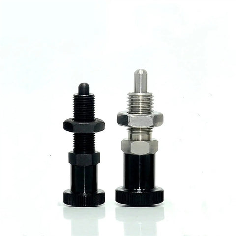 Premium M10 Index Plungers With Hex Collar And Locking Aluminum Spring Knob Lock Pin Screw Thread, black and silver.